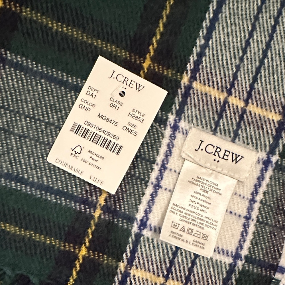 J. Crew Green Plaid Fringe Scarf with Cream and Black - Picture 2 of 5